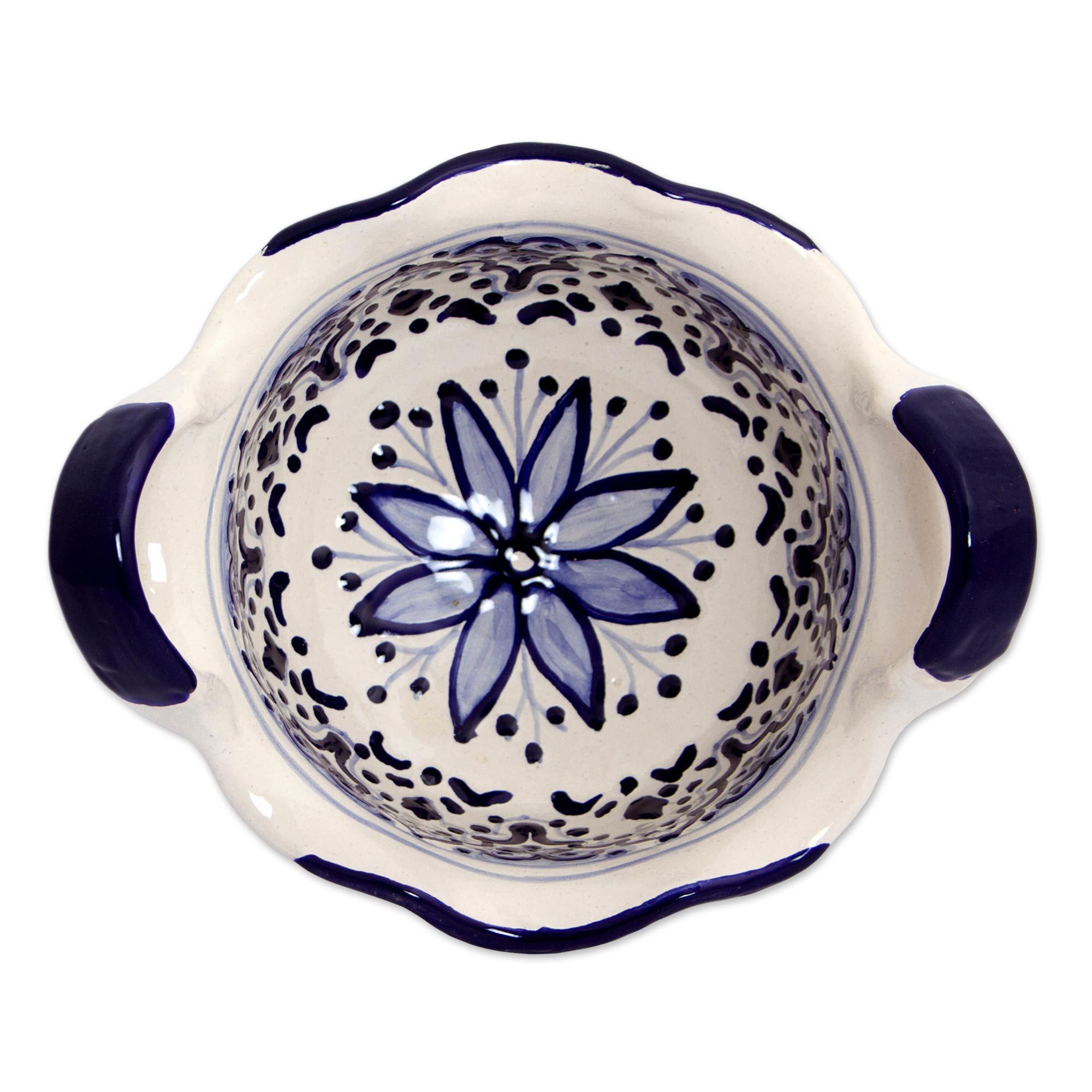 Ceramic Salsa Bowl with Blue Floral Motifs from Mexico Village Flower