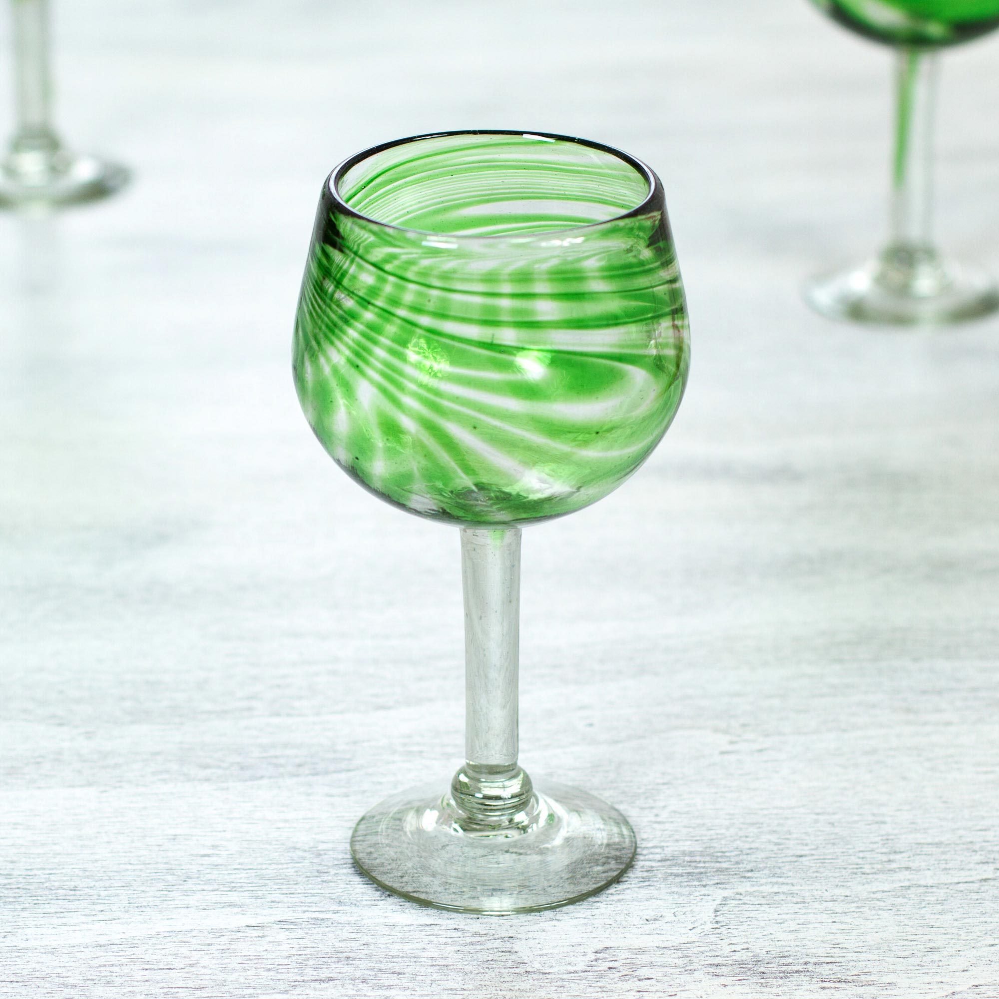 Set of 6 Recycled Blown Wine Glasses in Green from Mexico Emerald