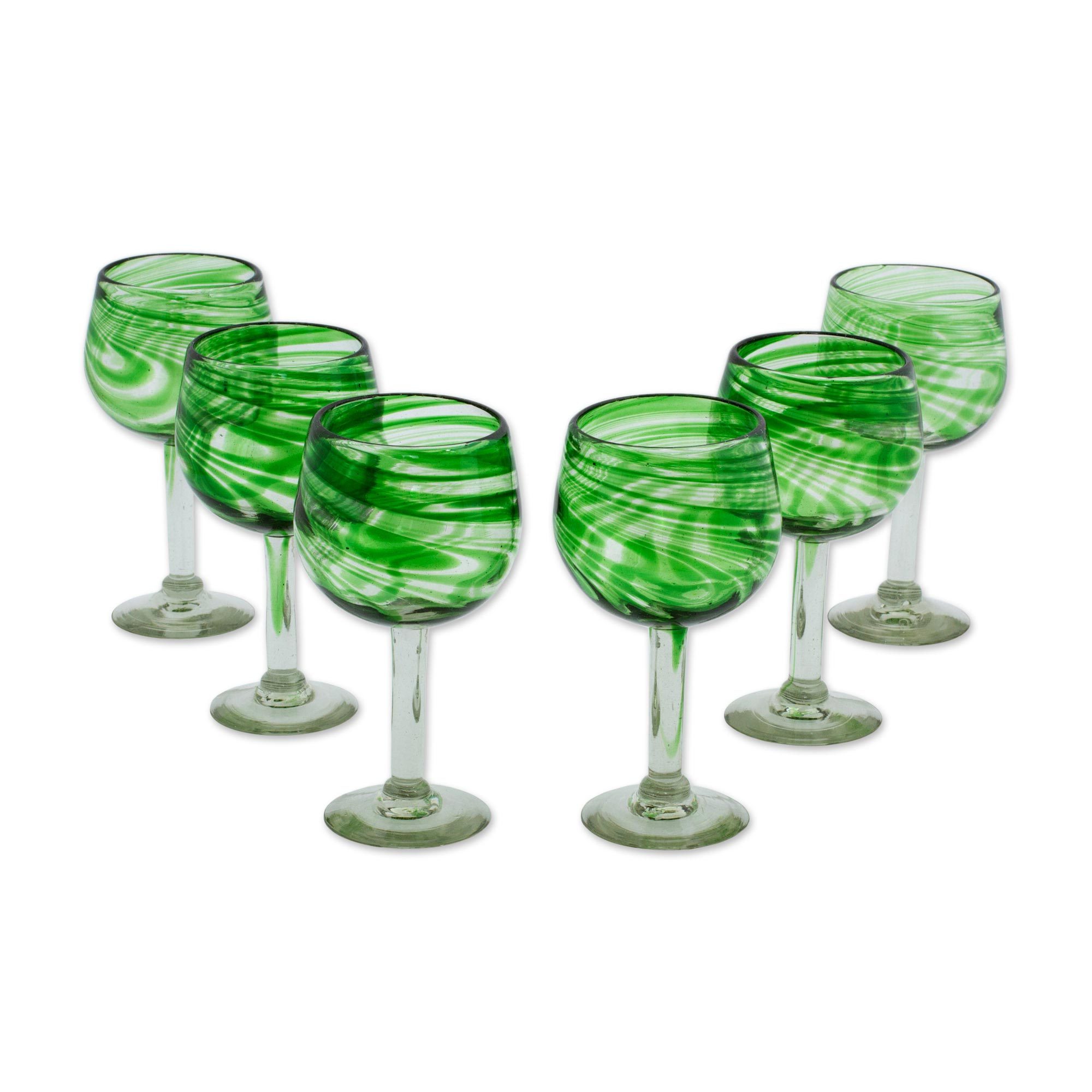 Set of 6 Recycled Blown Wine Glasses in Green from Mexico Emerald
