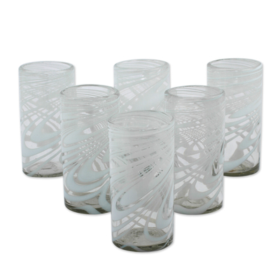 Blown glass highball glasses, 'Whirling White' (set of 6) - Set of 6 Blown Recycled White Highball Glasses from Mexico