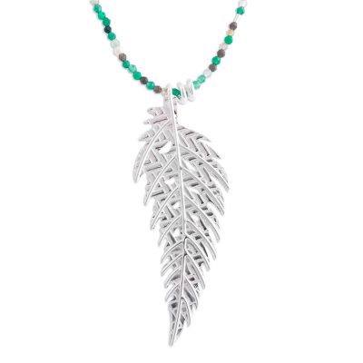 White Pearls and Green Agate Necklace with 925 Silver Leaf
