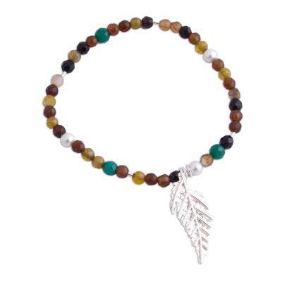 Agate pendant stretch bracelet, 'Enchanted Leaf' - Agate and 925 Sterling Silver Pendant Bracelet from Mexico