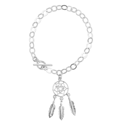 Sterling silver charm bracelet, 'Pleasant Dreams' - Sterling Silver Dream Catcher Pendant Bracelet from Mexico