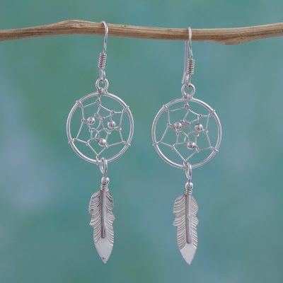 Sterling silver dangle earrings, 'Pleasant Dreams' - Sterling Silver Dream Catcher Dangle Earrings from Mexico