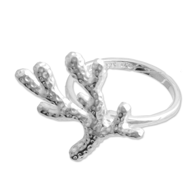 Sterling silver cocktail ring, 'Shining Coral' - Taxco 925 Sterling Silver Coral Cocktail Ring from Mexico
