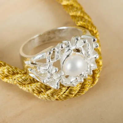 Mexican silver jewelry - Cultured Pearl and Taxco Silver Cocktail Ring from Mexico