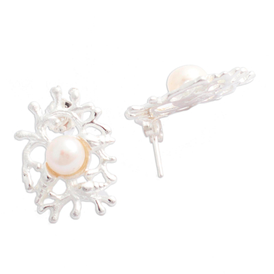 Cultured pearl drop earrings, 'Glowing Coral' - Cultured Pearl and Sterling Silver Drop Earrings from Mexico