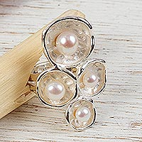 Cultured pearl cocktail ring, 'Glowing Bubbles' - Cultured Pearl and Sterling Silver Cocktail Ring from Mexico