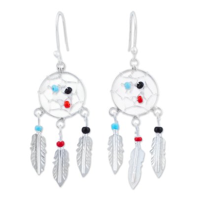 Glass beaded sterling silver dangle earrings, 'Colorful Dreams' - 925 Sterling Silver and Glass Bead Dream Catcher Earrings