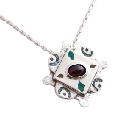 Garnet and malachite pendant necklace, 'Energy Center' - Garnet Malachite and 925 Silver Pendant Necklace from Mexico