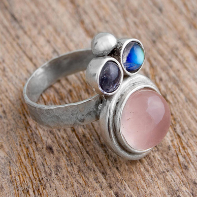 Rose quartz and labradorite cocktail ring, 'Energy in Unity' - Rose Quartz and Labradorite Cocktail Ring from Mexico
