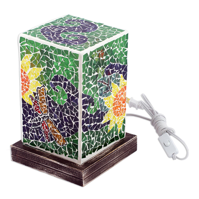Glass mosaic accent lamp, 'Dragonfly Country' - Handmade Glass Mosaic Floral Dragonfly Lamp from Mexico