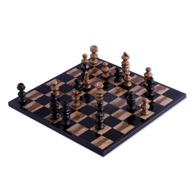 Marble chess set, 'Worthy Match' - Marble Chess Set in Beige and Black from Mexico