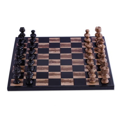 Marble chess set, 'Worthy Match' - Marble Chess Set in Beige and Black from Mexico