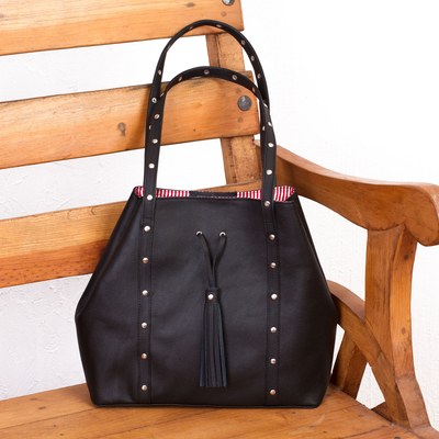 Black Leather Shoulder Bag with Red Striped Lining - Confidence | NOVICA