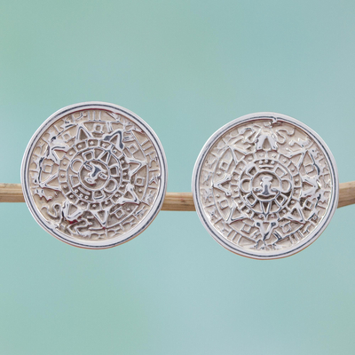 Sterling silver button earrings, 'Aztec History' - Mexican Archaeology Aztec Calendar Earrings in Silver 925