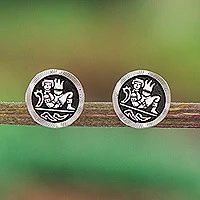 Sterling silver stud earrings, Maya Chac Mool