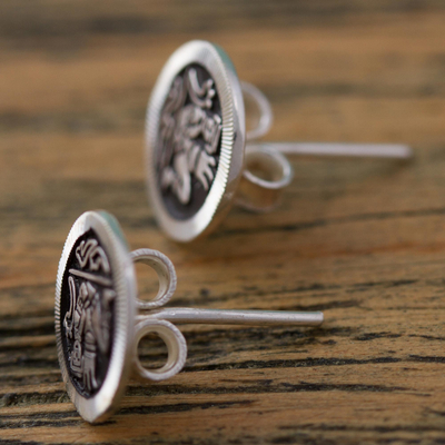 Sterling silver stud earrings, 'Maya Chac Mool' - Mexican Handcrafted Enameled Sterling Silver Stud Earrings