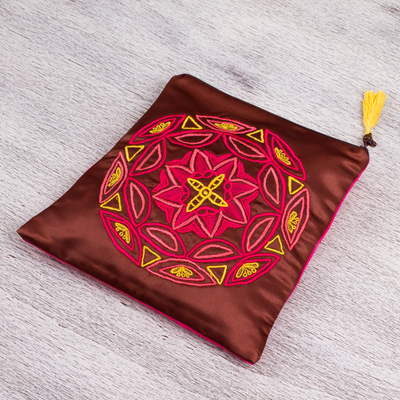Silk clutch, 'Mahogany Mandala' - Embroidered Silk Floral Clutch in Mahogany from Mexico