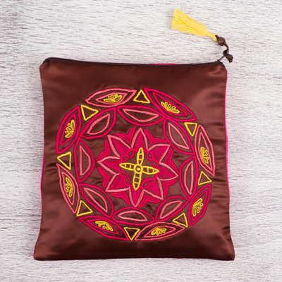 Silk clutch, 'Mahogany Mandala' - Embroidered Silk Floral Clutch in Mahogany from Mexico
