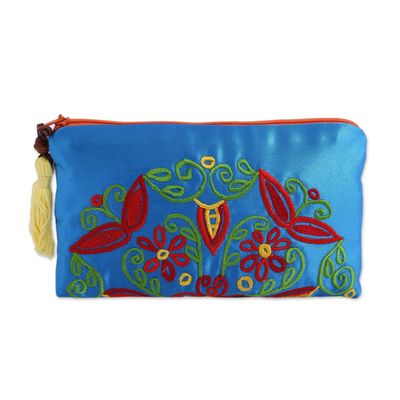 Embroidered Silk Floral Clutch in Cerulean from Mexico