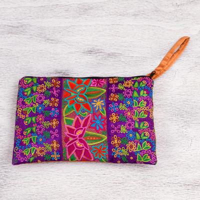 Silk wristlet, 'Flower Kaleidoscope' - Multicolored Embroidered Silk Floral Wristlet from Mexico