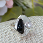 Obsidian and cultured pearl cocktail ring, 'Artistic Moon' - Obsidian and Cultured Pearl Cocktail Ring from Mexico