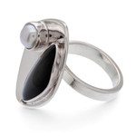 Obsidian and cultured pearl cocktail ring, 'Artistic Moon' - Obsidian and Cultured Pearl Cocktail Ring from Mexico