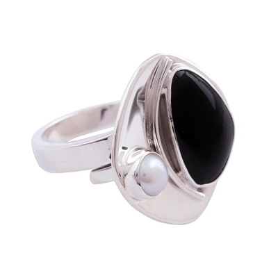 Obsidian and cultured pearl cocktail ring, 'Artistic Moon' - Obsidian and Cultured Pearl Cocktail Ring from Mexico