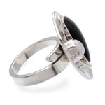 Obsidian and cultured pearl cocktail ring, 'Artistic Moon' - Obsidian and Cultured Pearl Cocktail Ring from Mexico