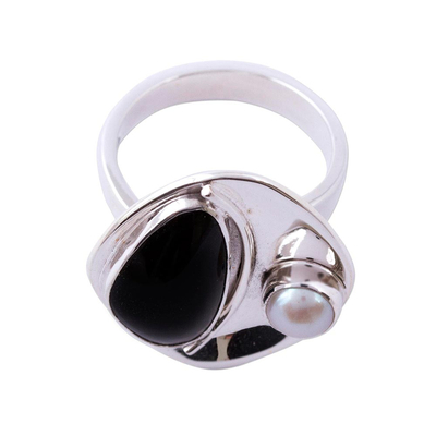 Obsidian and cultured pearl cocktail ring, 'Artistic Moon' - Obsidian and Cultured Pearl Cocktail Ring from Mexico