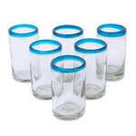 Handblown drink glasses, 'Aqua Kiss' (set of 6) - Set of Six Hand-Blown Recycled Juice Glasses from Mexico