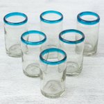 Handblown drink glasses, 'Aqua Kiss' (set of 6) - Set of Six Hand-Blown Recycled Juice Glasses from Mexico