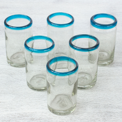 Hand-blown recycled juice glasses, 'Sky Blue Halos' (set of 6) - Set of Six Hand-Blown Recycled Juice Glasses from Mexico