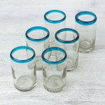 Handblown drink glasses, 'Aqua Kiss' (set of 6) - Set of Six Hand-Blown Recycled Juice Glasses from Mexico