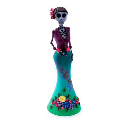 Hand Painted Ceramic Catrina Sculpture in Teal and Eggplant