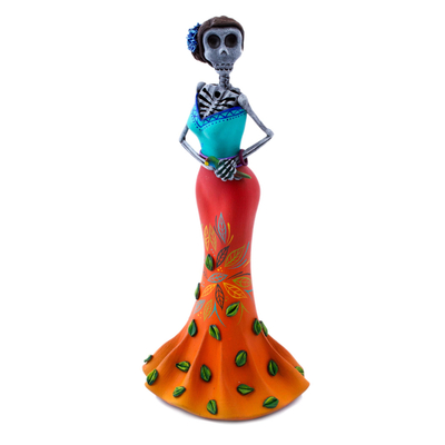 Hand Painted Catrina Sculpture in Tangerine and Turquoise