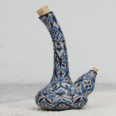 Keramikölflasche 'Sky Fiesta' - Mexikanische handbemalte Ölflasche in Blau aus Keramik