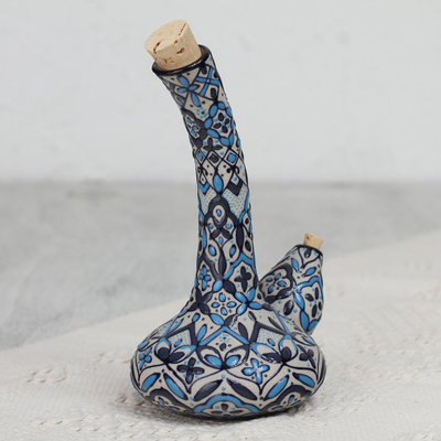Ceramic oil bottle, 'Sky Fiesta' - Hand-Painted Ceramic Oil Bottle in Blue from Mexico