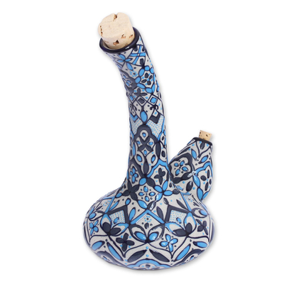 Keramikölflasche 'Sky Fiesta' - Mexikanische handbemalte Ölflasche in Blau aus Keramik