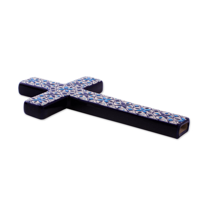 Ceramic wall cross, 'Traditions' - Hand Painted Ceramic Cross with Blue Floral Motifs