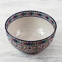 Ceramic serving bowl, 'Guanajuato Festivals' - Handcrafted Floral Ceramic Serving Bowl from Mexico