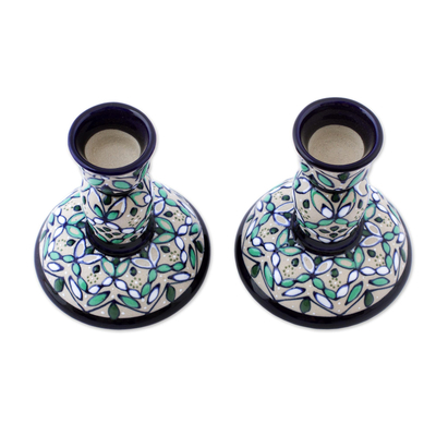 Ceramic candlesticks, 'Green Valley ' (pair) - Artisan Crafted Ceramic Candlesticks from Mexico (Pair)