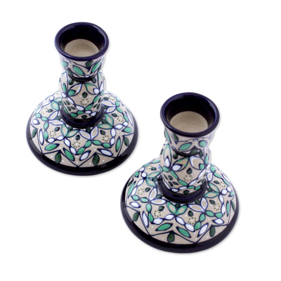 Keramische Kerzenständer, 'Green Valley' (Paar) - Kunsthandwerklich gefertigte Keramik-Kerzenhalter aus Mexiko (Paar)