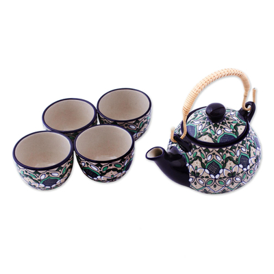 Tetera y tazas de cerámica, 'Green Valley' (juego para 4) - Juego de tetera y 4 tazas de cerámica artesanal en verde y azul.