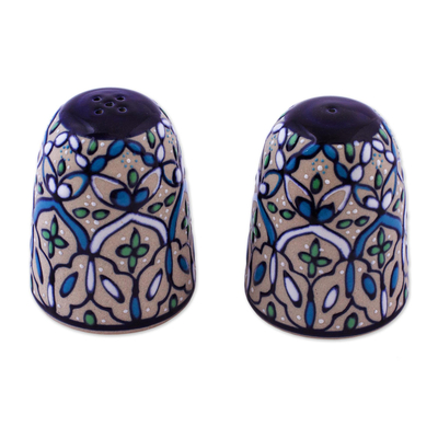 Ceramic salt and pepper shakers, 'Road to Guanajuato' (pair) - Handcrafted Ceramic Salt and Pepper Shaker in Green and Blue