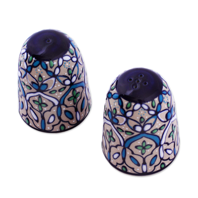 Ceramic salt and pepper shakers, 'Road to Guanajuato' (pair) - Handcrafted Ceramic Salt and Pepper Shaker in Green and Blue
