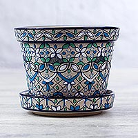 Small ceramic planter and saucer, 'Guanajuato Azul' - Artisan Crafted Plant Pot and Saucer in Blue and Green