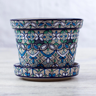 Small ceramic planter and saucer, Guanajuato Azul