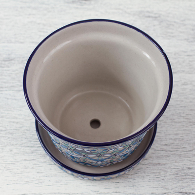 Small ceramic planter and saucer, 'Guanajuato Azul' - Artisan Crafted Plant Pot and Saucer in Blue and Green